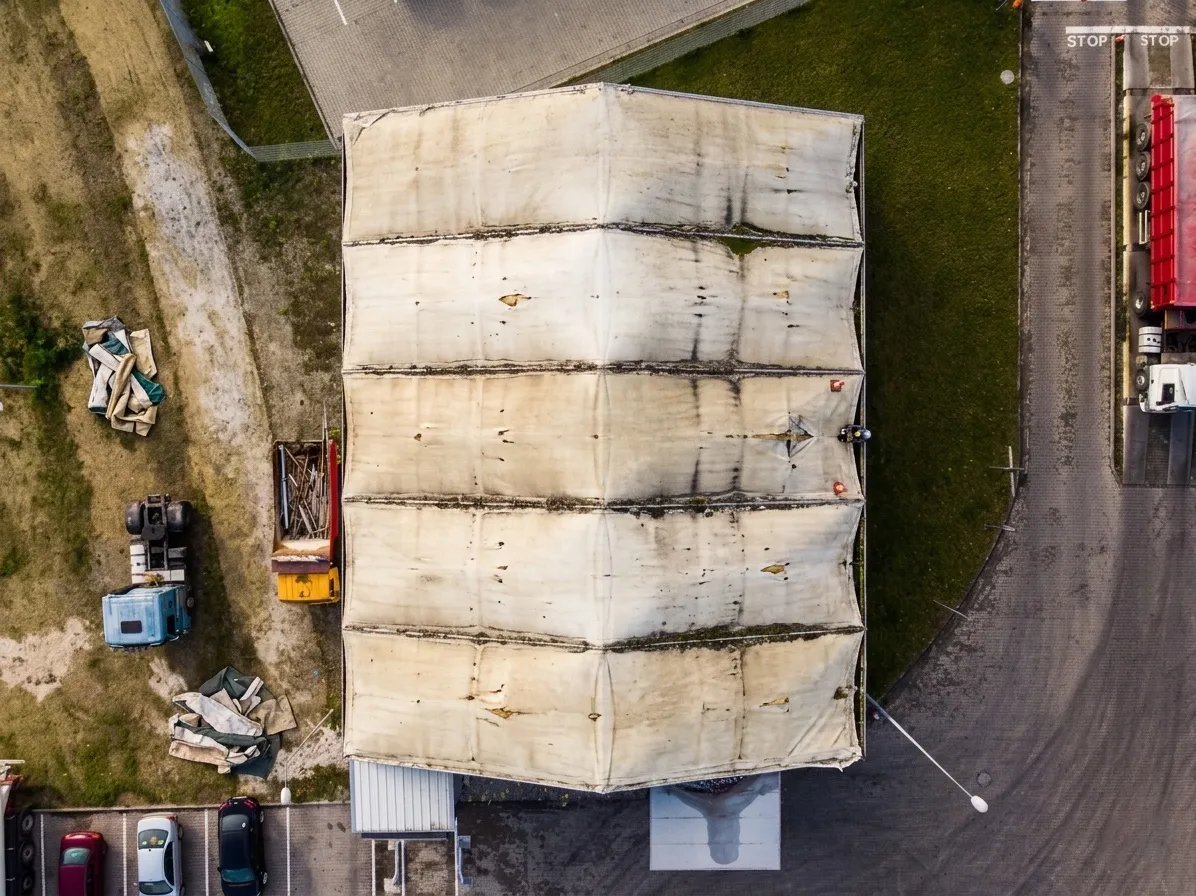 Luftaufnahme einer Halle mit vergilbter, beschädigter Dachplane